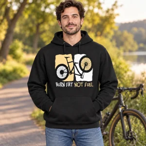 Moški v hoodieju Burn Fat Not Fuel z motivom kolesa na zadnjem kolesu