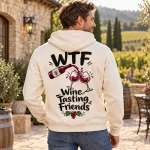 Pulover s kapuco WTF s potiskom Wine Tasting Friends, steklenico in kozarci na hrbtu