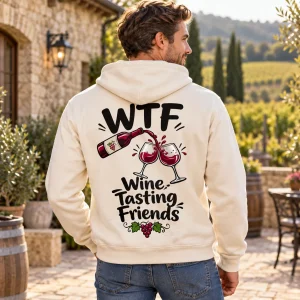 Pulover s kapuco WTF s potiskom Wine Tasting Friends, steklenico in kozarci na hrbtu